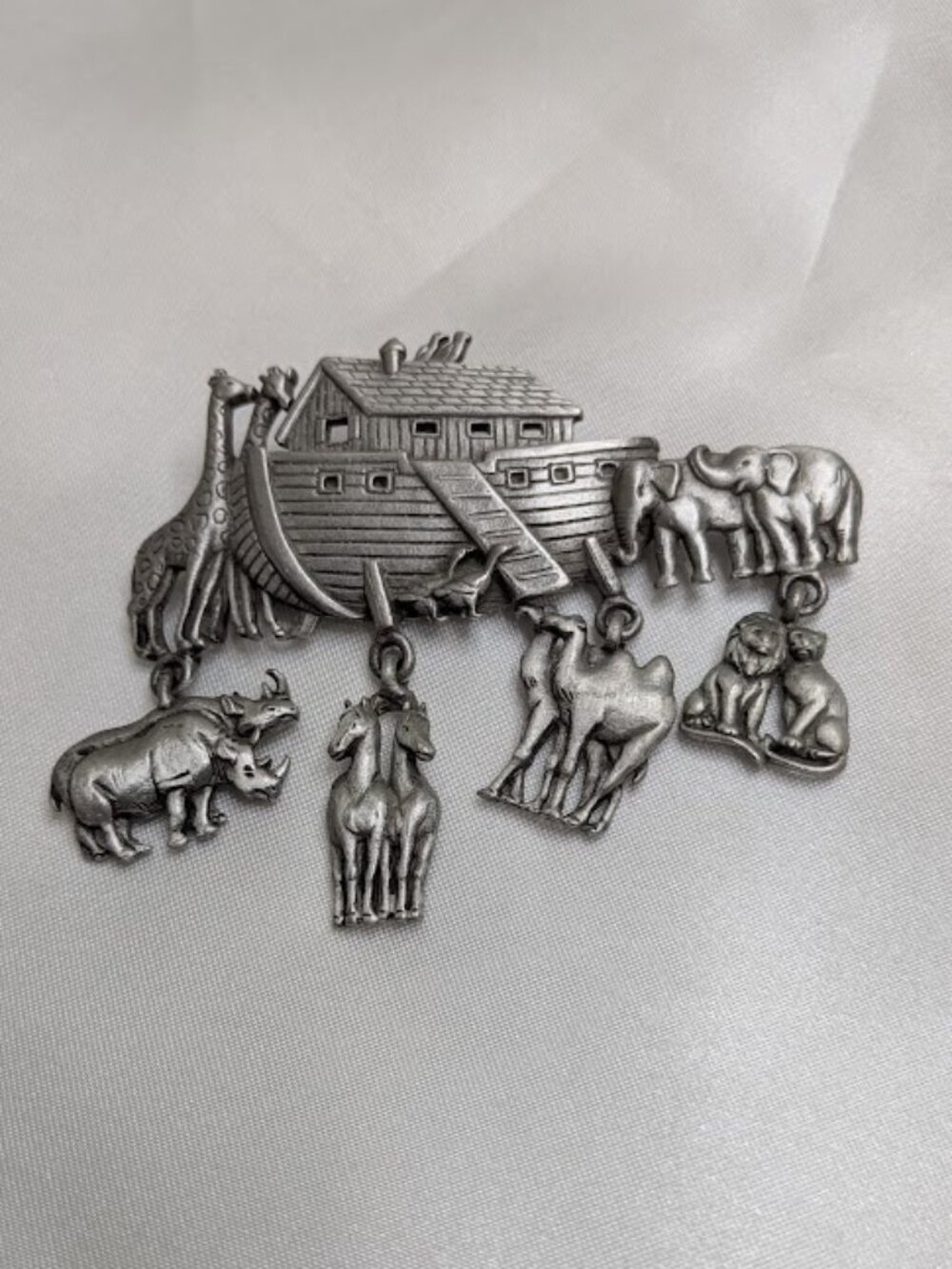 Vintage JJ Jonette Noah’s Ark Brooch Pin Pewter Silver Tone Animal Charms